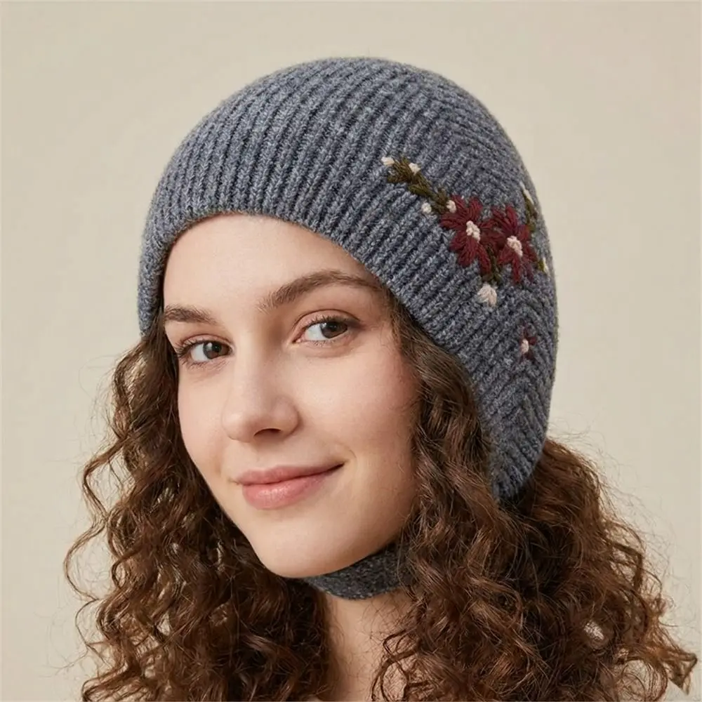 Cute Floral Flower Embroidery Knitted Hat Warm Beanies Round Top Cap Ear Protectors Retro Hijab Outdoor