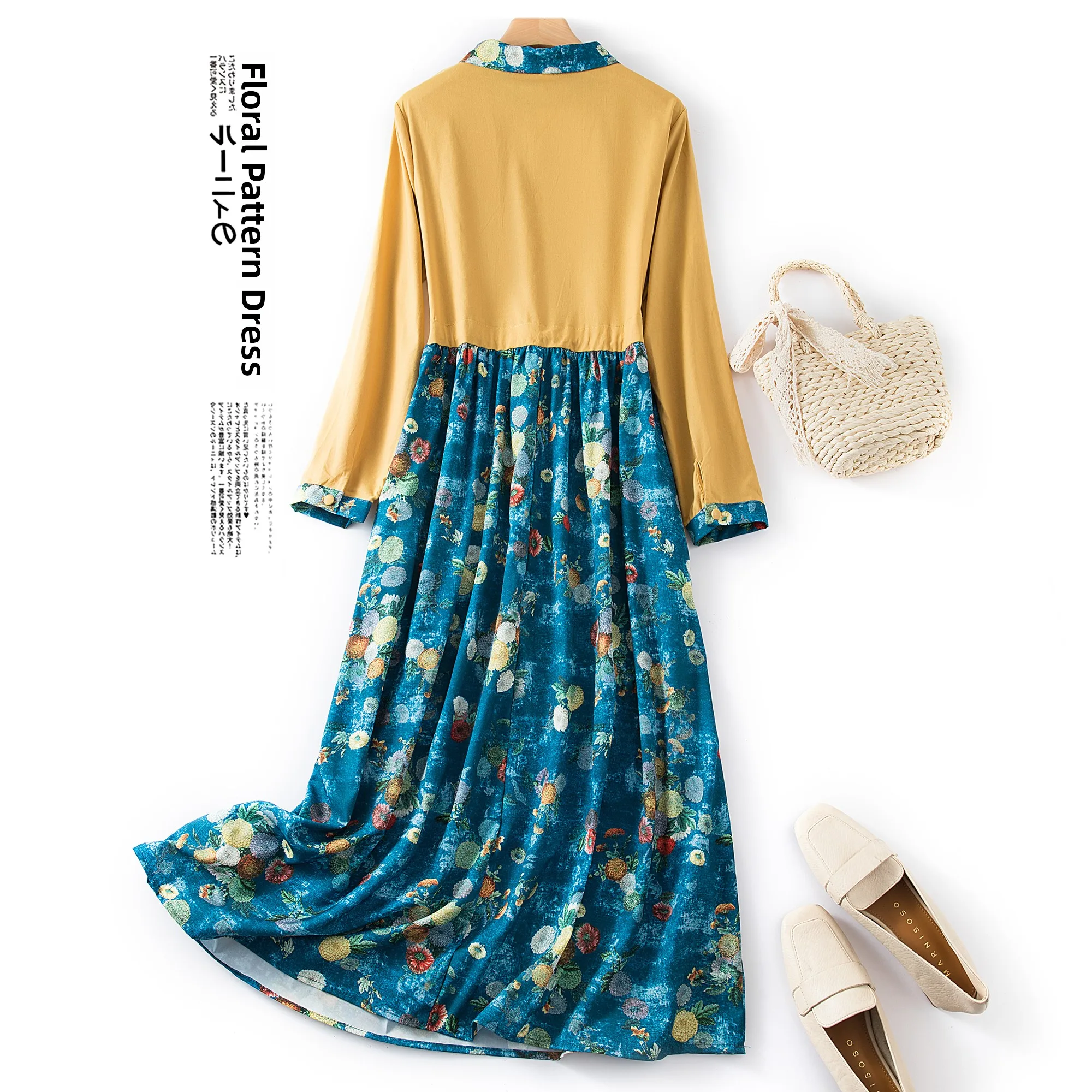 Ele القطن الكتان الدكتور المرأة ربيع الخريف المطبوعة الخصر حزام Cinched طويل الدكتور طوق ألف خط تنورة تسع نقاط S...