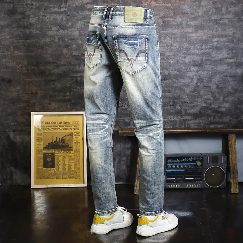 Fashion Designer Men Jeans Retro Blue Stretch Slim Fit Ripped Jeans Men Elastic Trousers Italian Style Vintage Pants Hombre