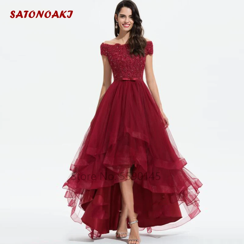 Robes De Soiree Elegant Burgundy Evening Dresses 2023 Off The Shoulder Appliques High/Low Tiered Prom Party Gown Vestidos Noche