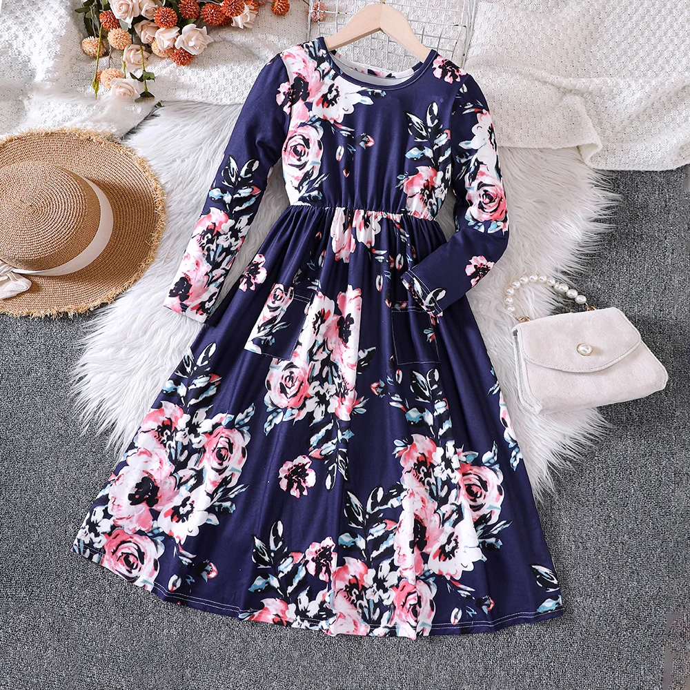 Children's New Spring And Autumn Flower Print Long-Sleeved Dress For Girls