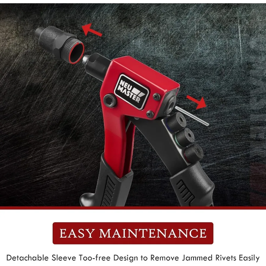 Handmatige klinknagelpistoolset met 200 stuks klinknagels en 4 gereedschapsvrije verwisselbare klinknagelkoppen voor zwaar uitgevoerd klinken met één hand in Plast