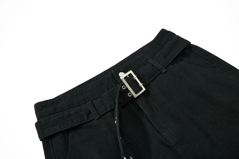 Herren Punk Hip Hop Lace Up Jeans Ausgestellte Motorrad Streetwear Y2k Big Belt Schwarz Cargo Bootcut Jeans Relaxed Fit Flare Hosen – Detail 5