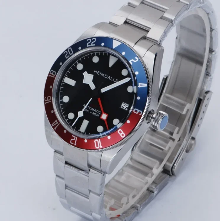 Heimdallr Herren-Automatikuhr GMT mechanische Armbanduhr Taucheruhr 200 m wasserdicht BGW-9 leuchtender Saphir NH34 Aluminium-Lünette