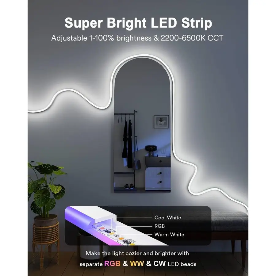 Smart RGBAICW Neon Rope Lights Indoor, 16.4ft Led Strip Light Works with Alexa Google Assistant, Warm White to Cool White Rope L