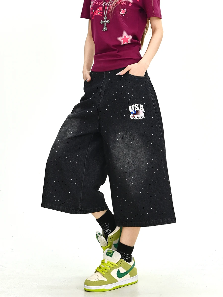 

Wash Denim Seven-Foot Pants Women Summer New Loose Bf American Retro Wide Leg Pants Trendy Not Padded Natural Waist Zipper