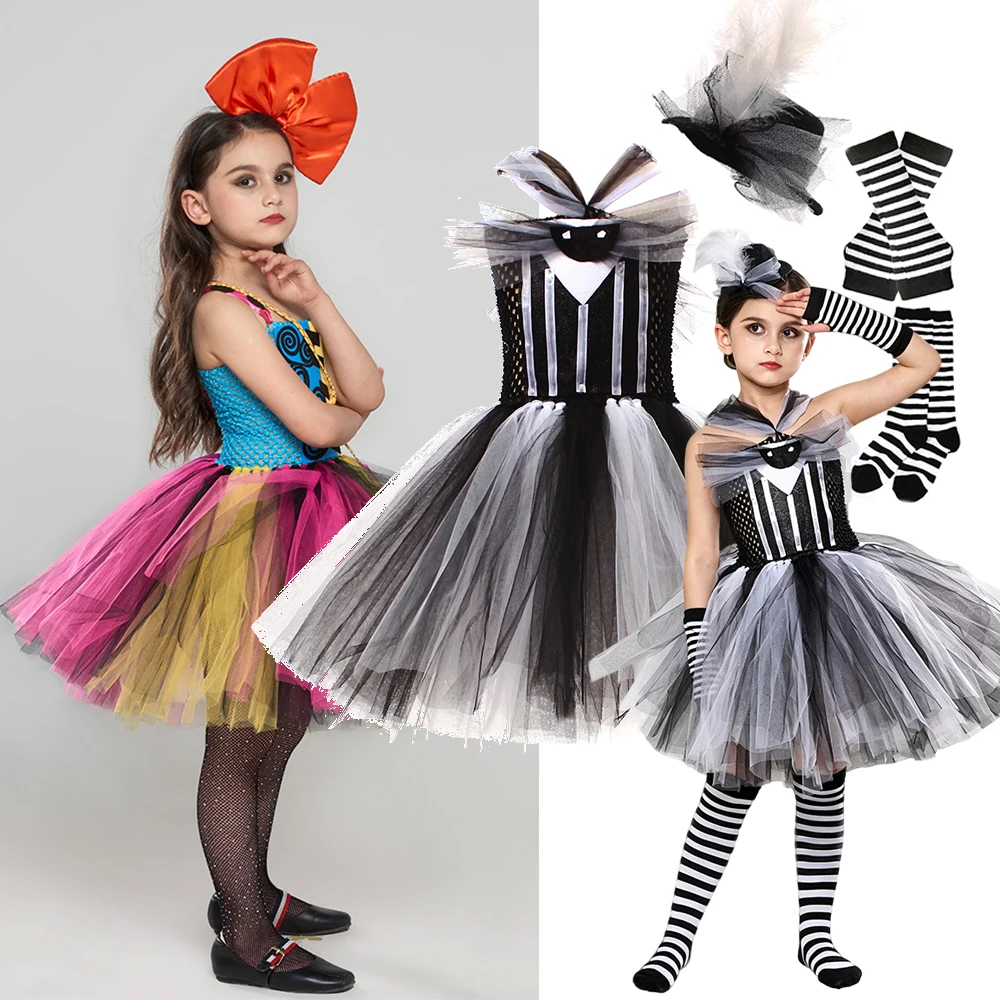 Children Girls Stitched Doll Role Play Costume Colorful Mesh Tutu Dress Hair Accessory Socks For Theme Dress Up