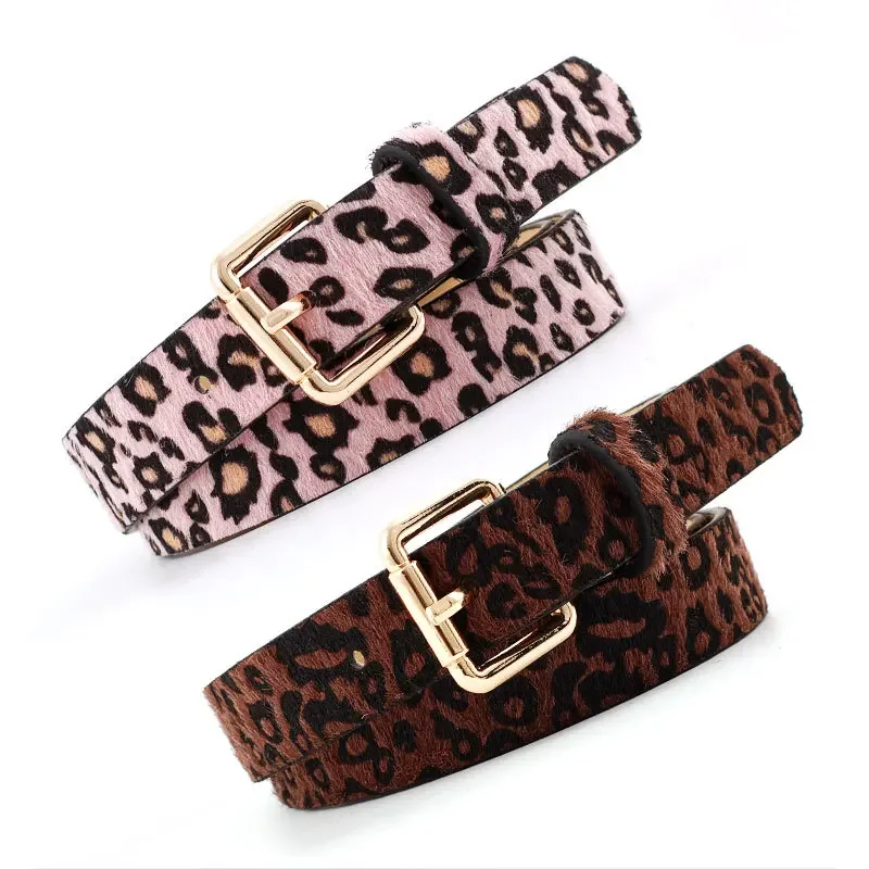 2023 Trendy Belt Women\'s Metal Buckle Pu Belt Leopard Pattern Horse Mane Belt Rose Gold Fashionable Fashion