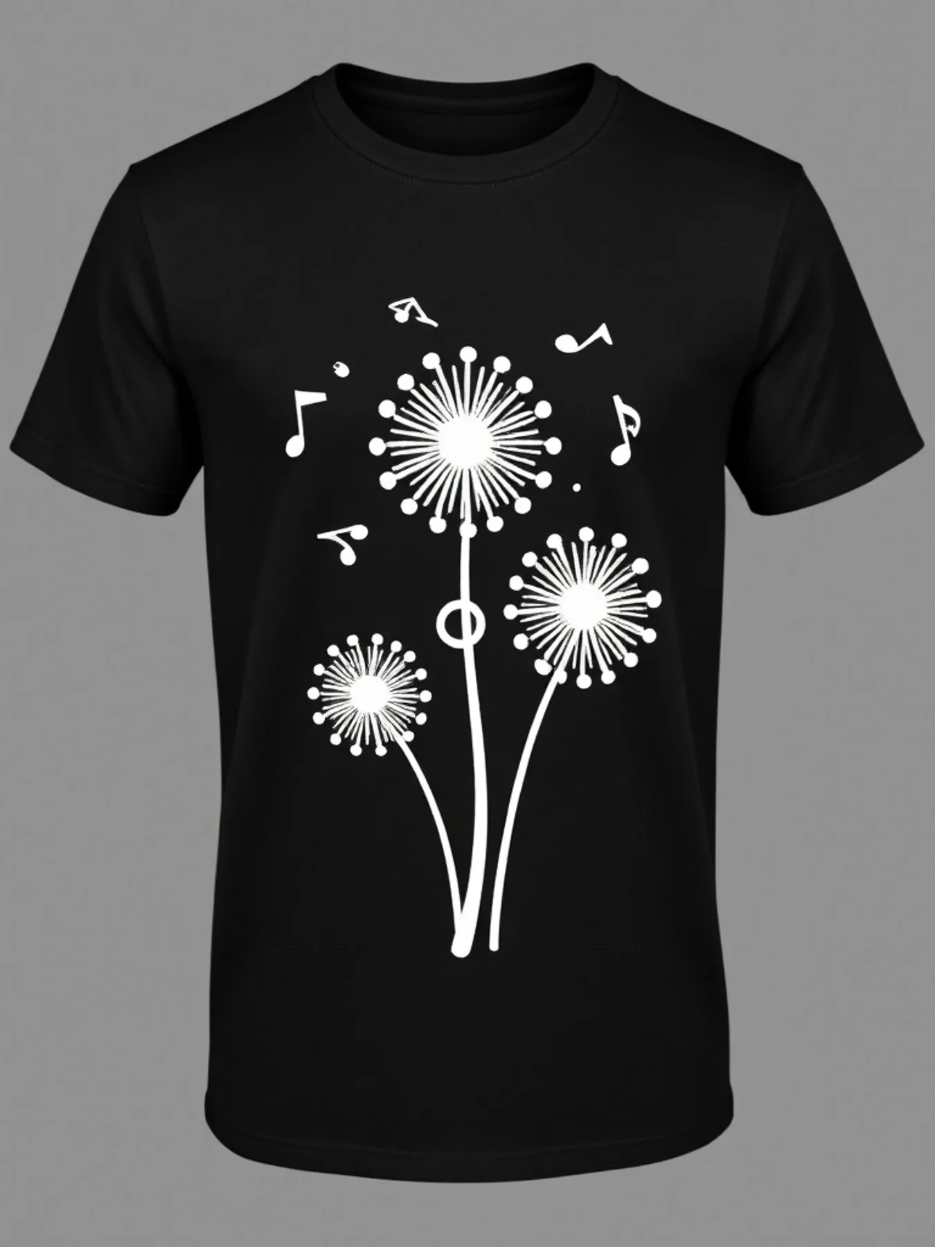 

Men's Black Casual Fit T-Shirt with White Dandelion and Music Symbol Print, Soft and Breathable Short-Sleeve Graphic T-Shirt, Men's T-Shirt, Men's Clothing
