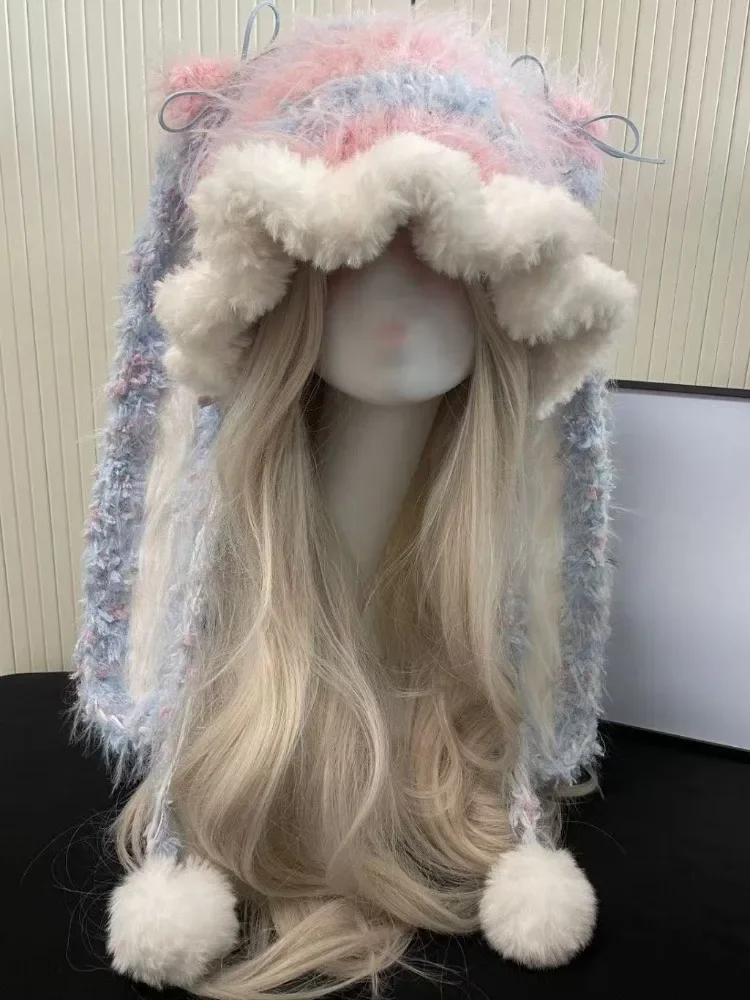 

Новое поступление 2025 года, зимняя милая женская шапка с длинными ушками, вязаная крючком вязаная шапка, костюмная шапка-бини, женская теплая рождественская шапка с оборками