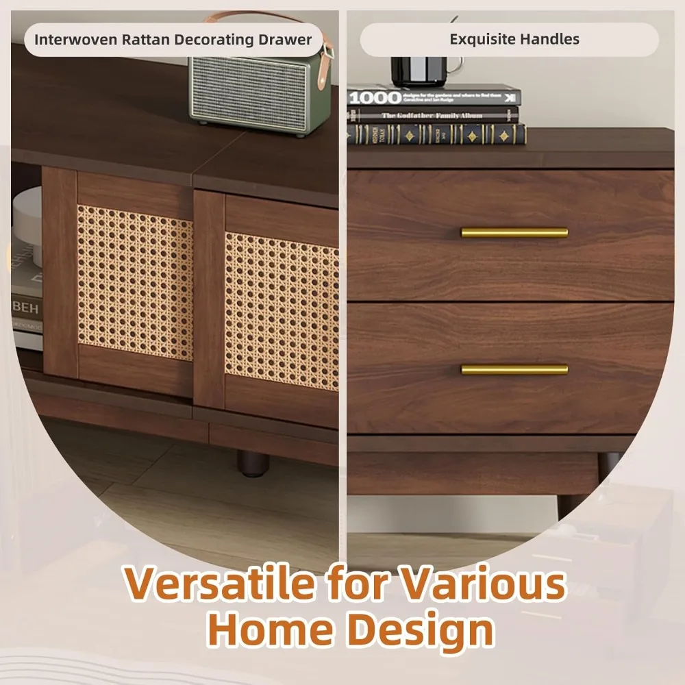 حامل تلفزيون بني مع مساحة تخزين، حامل تلفزيون بني من خشب الجوز لأجهزة التلفاز حتى 63 بوصة حتى 80 بوصة، حامل تلفزيون حديث في منتصف القرن مع طاقة