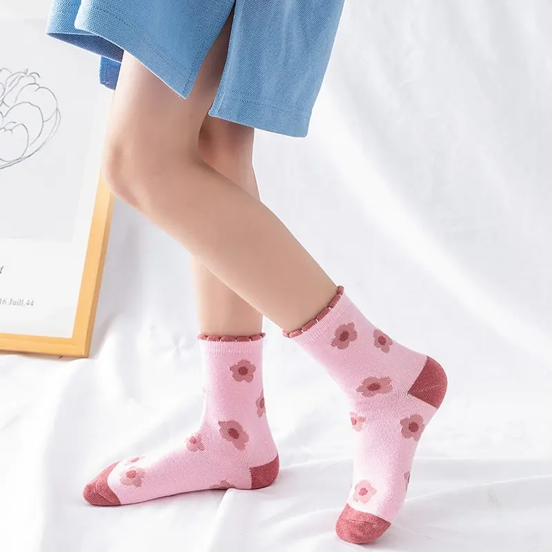 5 Pairs Pink Flower Knit Warm Childrens Socks For Girls Socks Kids Womens Cute Cartoon Medium Stockings