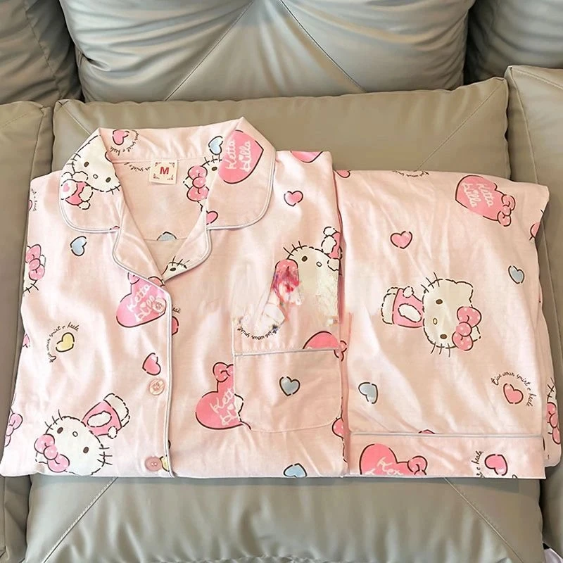 Cute Cartoon Hello Kitty Pajamas for Women Spring and Autumn New Kawaii Long Sleeve Long Pants High-Looking Home Clothes Set