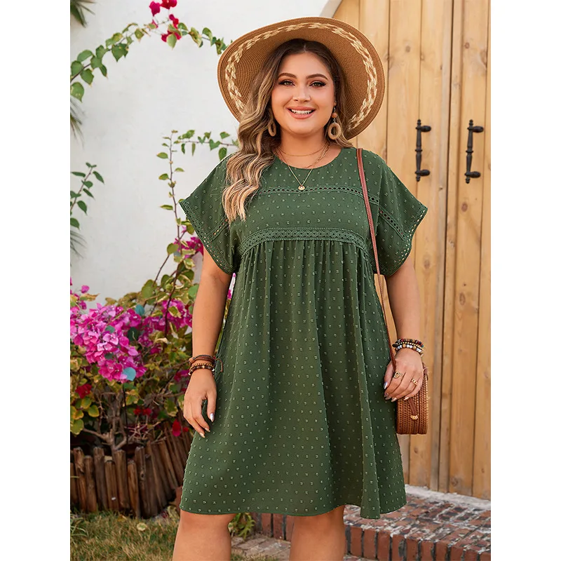 Plus Size Women's Green Dress Fashion O Neck Loose Solid Dress Short Sleeve Oversized Clothing High Waist