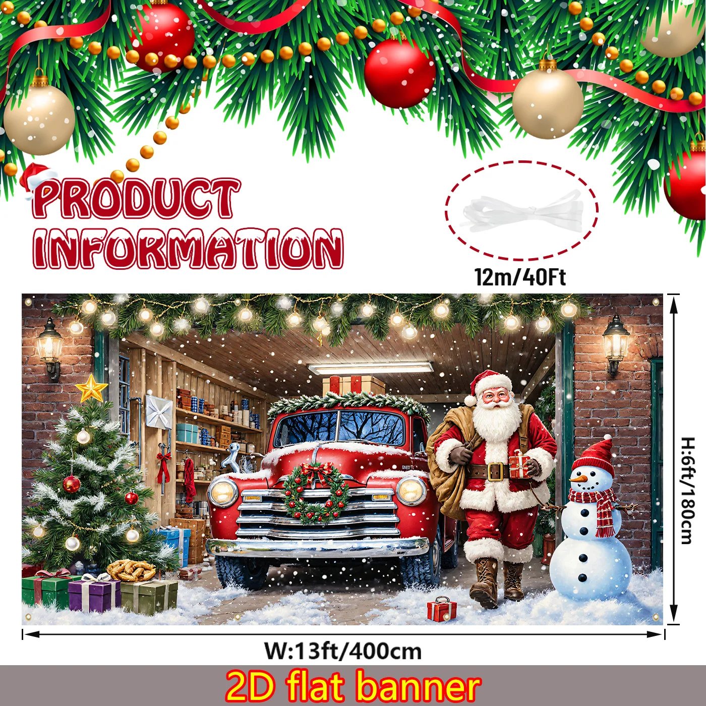 قطعة واحدة من لافتة عيد الميلاد لشاحنة كلاسيكية حمراء عملاقة، سانتا كلوز ورجل الثلج - ديكور باب خارجي/مرآب ثقيل، حفلة عيد الميلاد #2