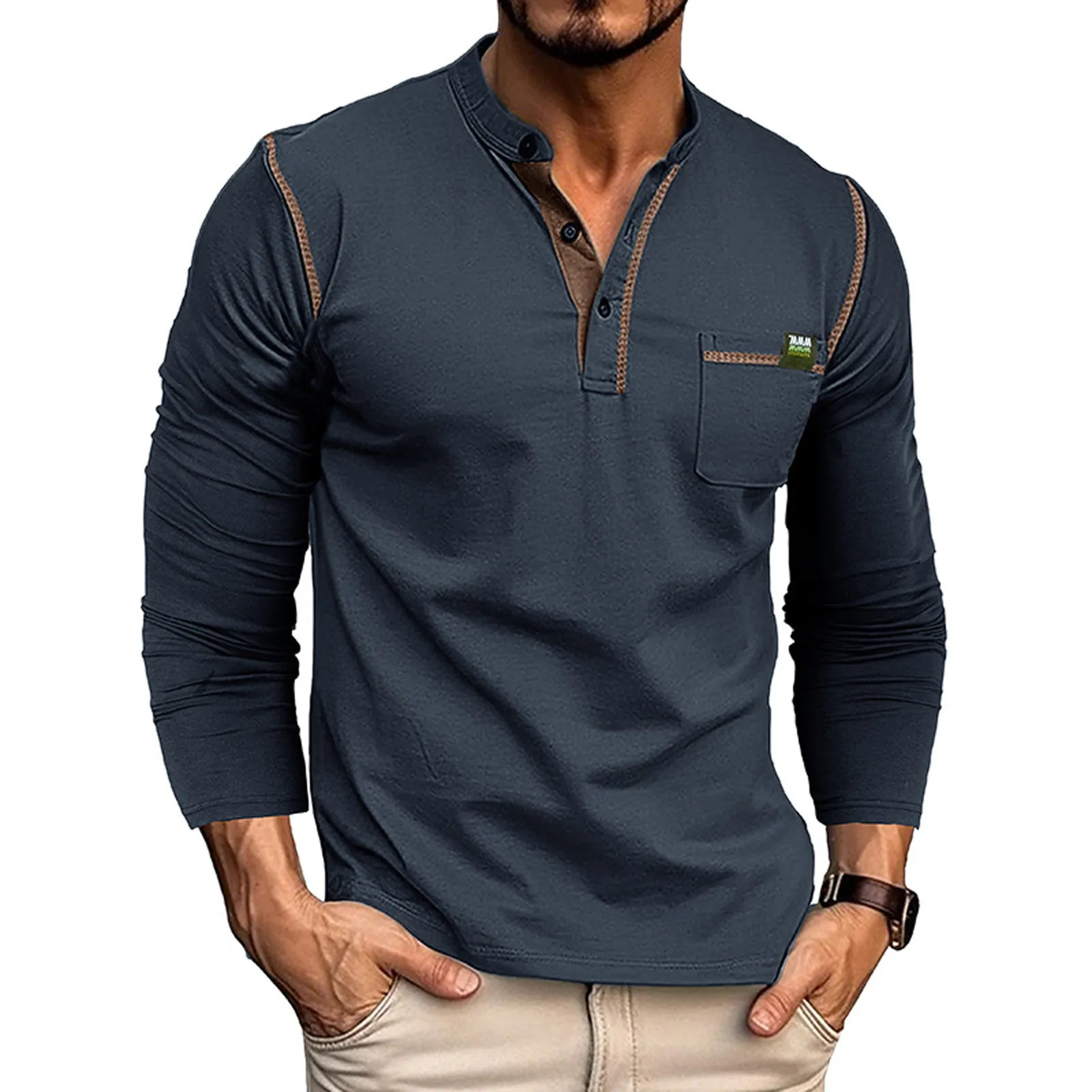 

Men'S Henley Collar Long Sleeved T-Shirts Solid Casual Top Single Breasted Pocket T-Shirt Soft Comfy Bottoming Shirt Fall Winter