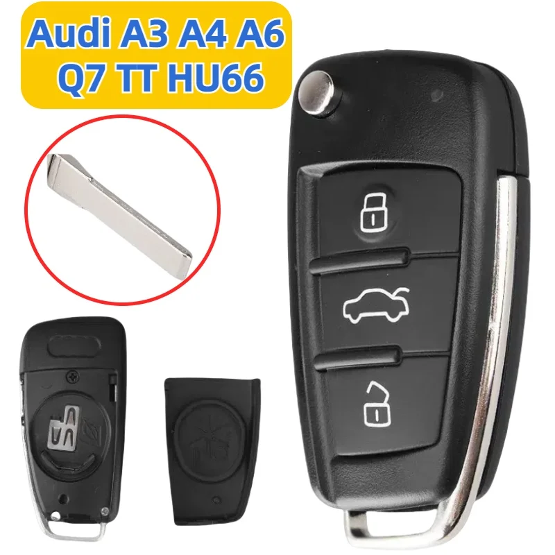 Audi 3 Buttons Replacement Remote Flip Key Fob Case Shell For Audi A3 A4 A6 Q7 TT HU66 Uncut Blade