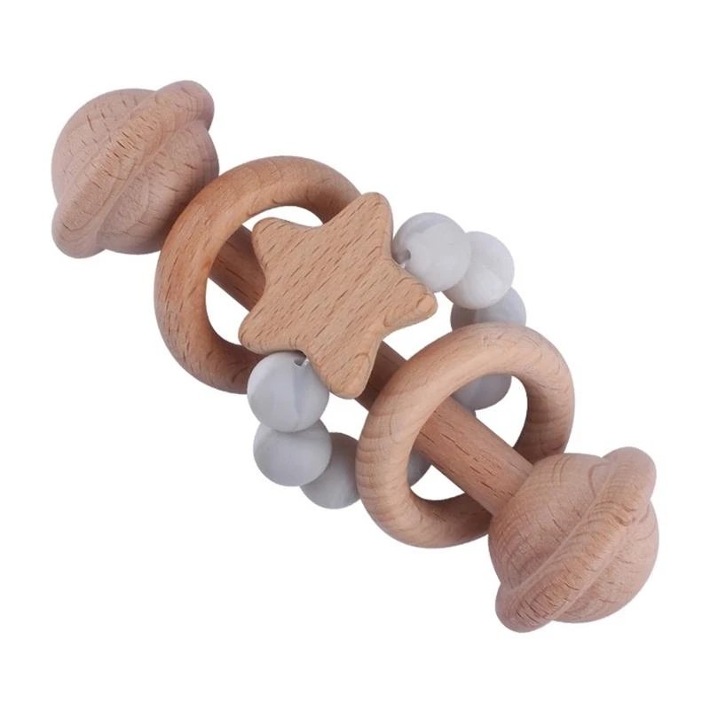 

J15U деревянная детская погремушка, игрушка-тряска, силиконовые бусины, кольцо-прорезыватель для прорезывания зубов, игрушки для