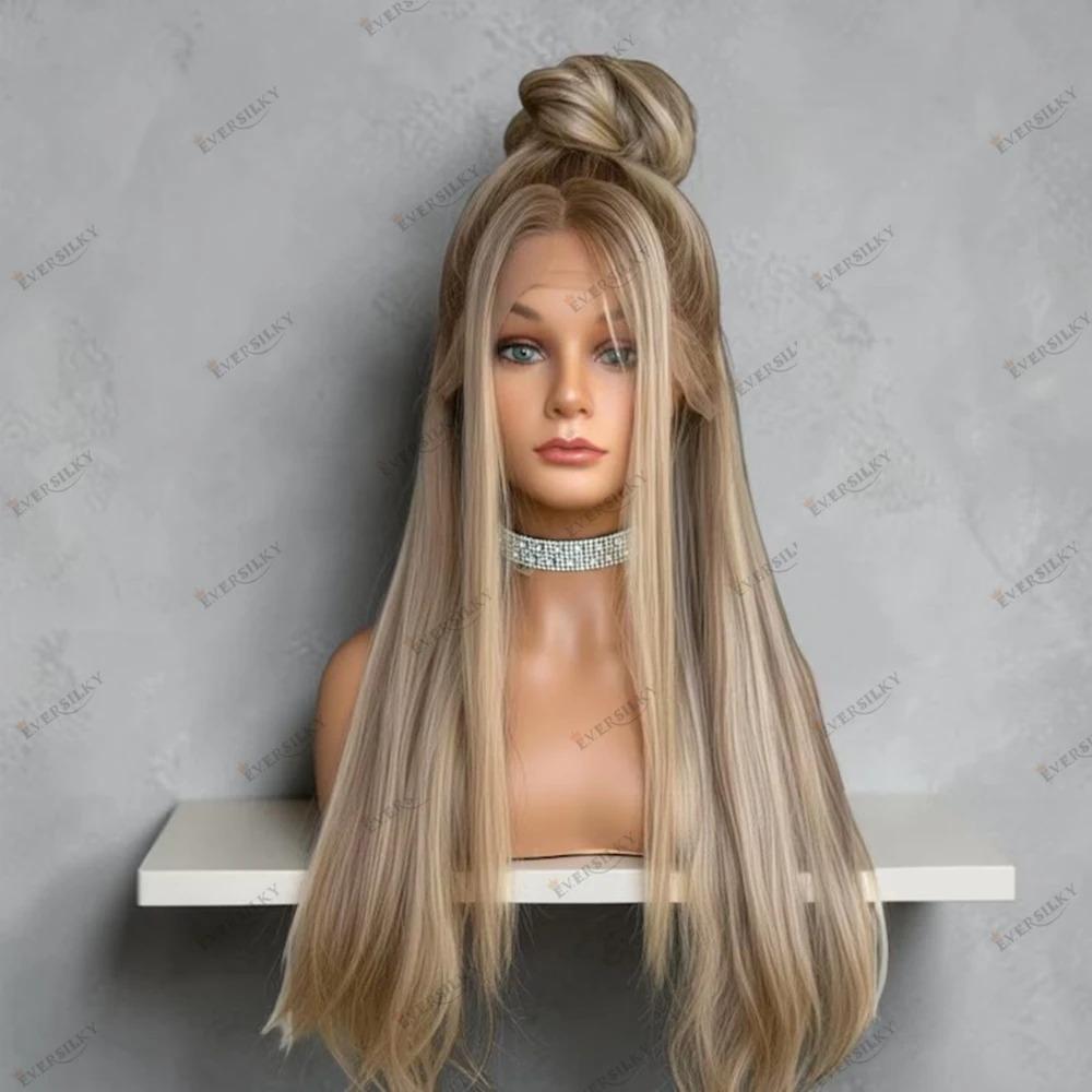 

Balayage Ash Blonde European Human Hair Lace Front Wigs for Women Pre Plucked Natural Hairline Transparent Lace Highlight Wig