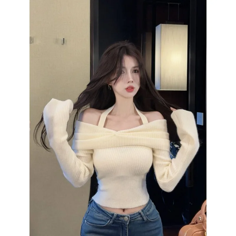 Temperament Celebrities Halter Sweater Knitted Pullovers Women's Autumn Winter Long Sleeves Slim Fit Sexy Cropped Top