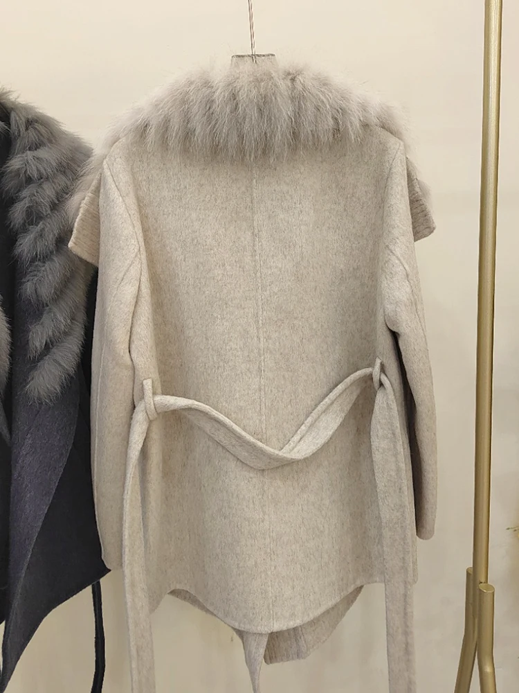 2025 Autumn Winter Real Fox Fur Coat Ladies Outwear Women Female Cashmere Natural Fur Wool Jacket Woolen Luxury Jacket