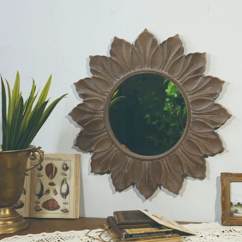 Elegant French Style Wall Mounted Mirror Carved Frame Decorative Hanging Glass for Living Room Bathroom Porch Entryway Home