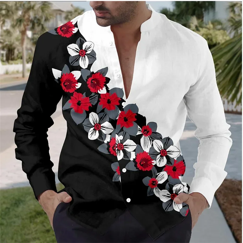 

2024 Men's shirts for daily wear, going out, weekends, summer, spring and autumn, stand collar, long sleeves, rose color XS-6XL