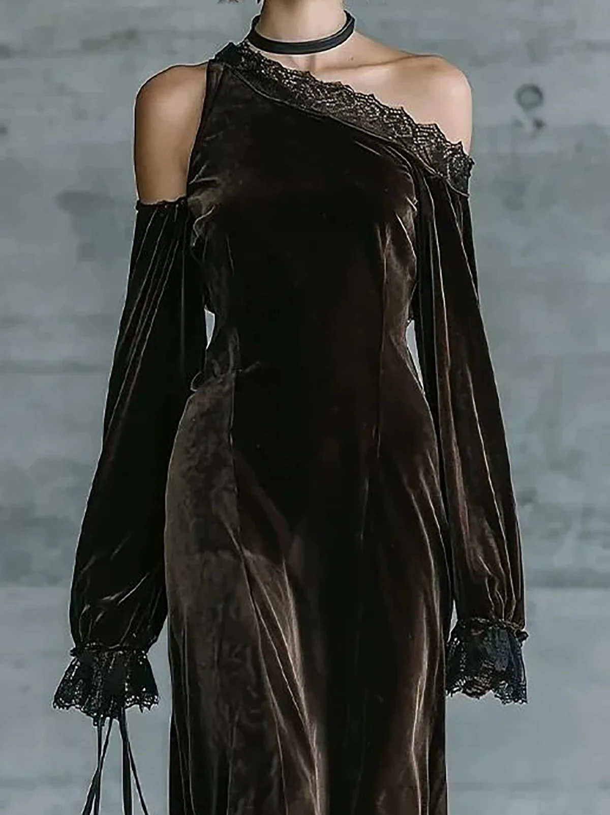 Women Gothic Velvet Lace Trim Midi Dress Asymmetric Cold Shoulder Mesh embroidery Hem Long Sleeve Vintage Evening Party Dresses