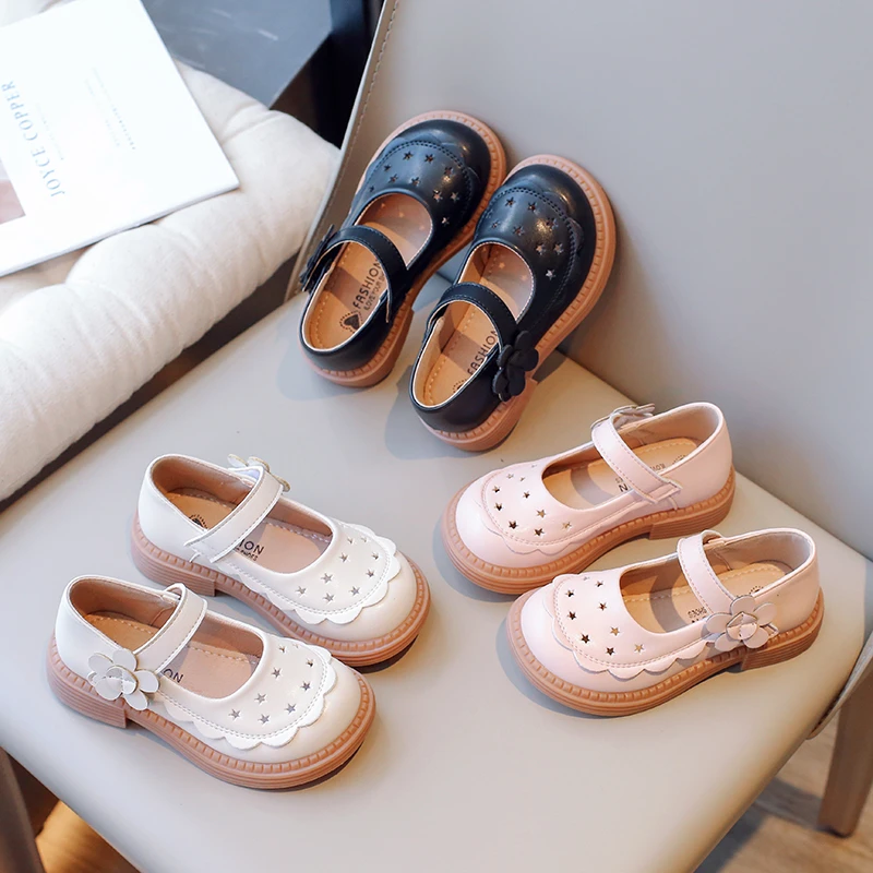 Hollow Girls Leather Shoes 3-15 Years Old Beige Breathable Flowers Girls Single Shoes Pink Soft Non-slip Children Baby Sandals