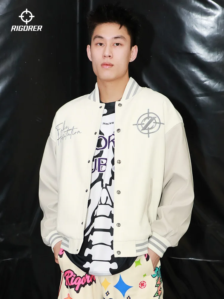 

RIGORER American Baseball Suit Men Buddha Payer Embroidered Jacket Sports Casual Cardigan Knitted Jacket Baseball Uniform