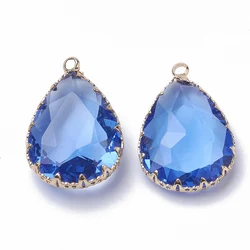 2pcs K9 Glass Pendants with Golden Tone Brass Findings Faceted Drop Royal Blue 29~30x19x6~8.5mm Hole: 2mm