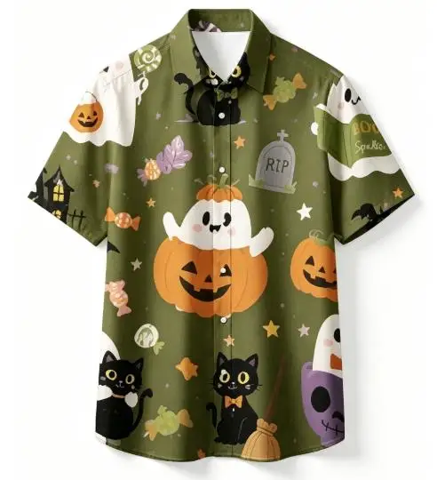 Men Halloween Black Cat Ghost Pumpkin Print Short Sleeve Shirt Lapel Collar Party Holiday Casual Tops