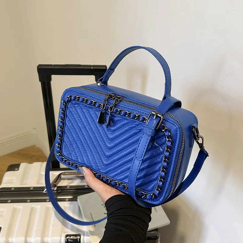 Luxury Designer Square Box Shape Pu Leather Women's Handbag Fashion Chain Decoration Crossbody Bag 2024 New Fashion Klein Blue