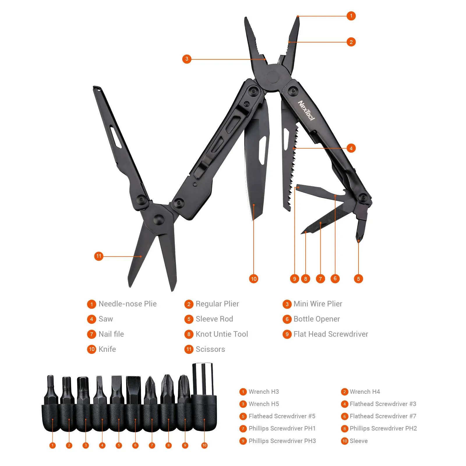 Nextool-Alicatador de campismo Multitool, Kit de ferramentas DIY para casa, aço inoxidável, faca dobrável ao ar livre, Alicatador multifunções de