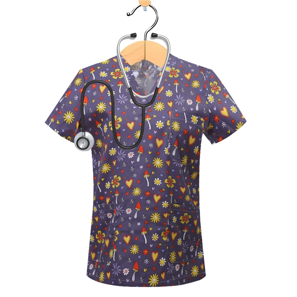 

Women's Surgical Uniforms Medical Product Cartoon Print V Neck Scrub Tops Pet Grooming Short Sleeve Pocket Design Nurse Uniform