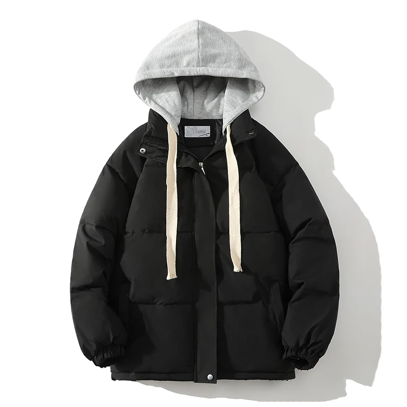 Jaqueta Puffer preta com capuz para homens e mulheres, blusão acolchoado, parka ao ar livre impermeável, nova streetwear, inverno