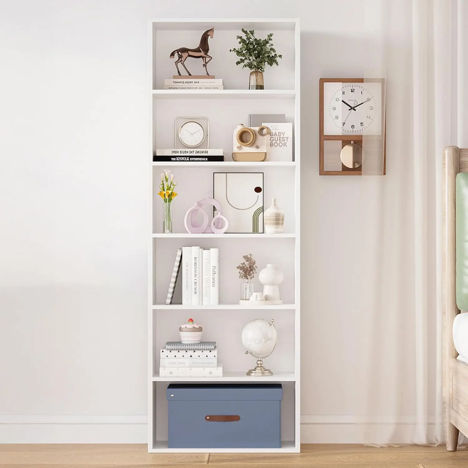 Bücherregal Weiß 6-Ebenen، Regal 20 cm Tief، Bücherschrank، Aufbewahrungsregal، Standregal، Offenes Regal Holz، Bookshelf fazer Wo