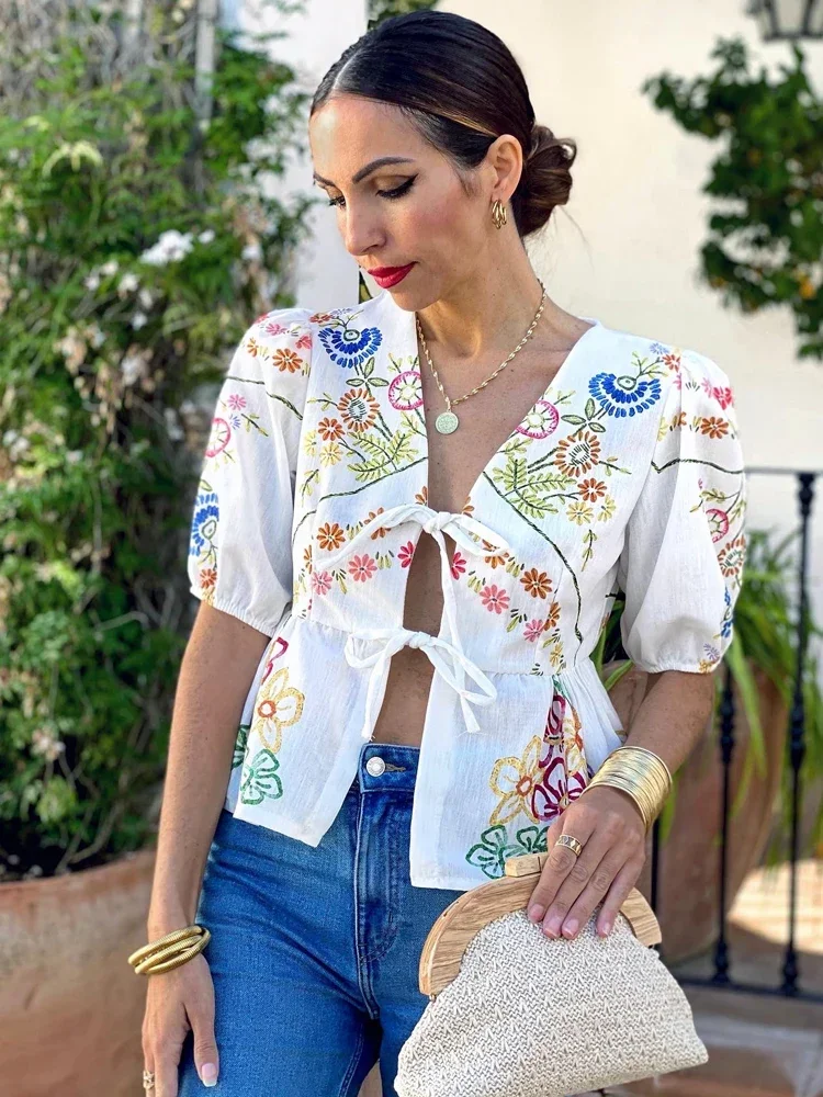 

Flower Printed Short Puff Sleeve Shirt Women Elegant Lace-up V-neck Cropped Tops for Female 2025 Summer Retro Fashion Streetwear