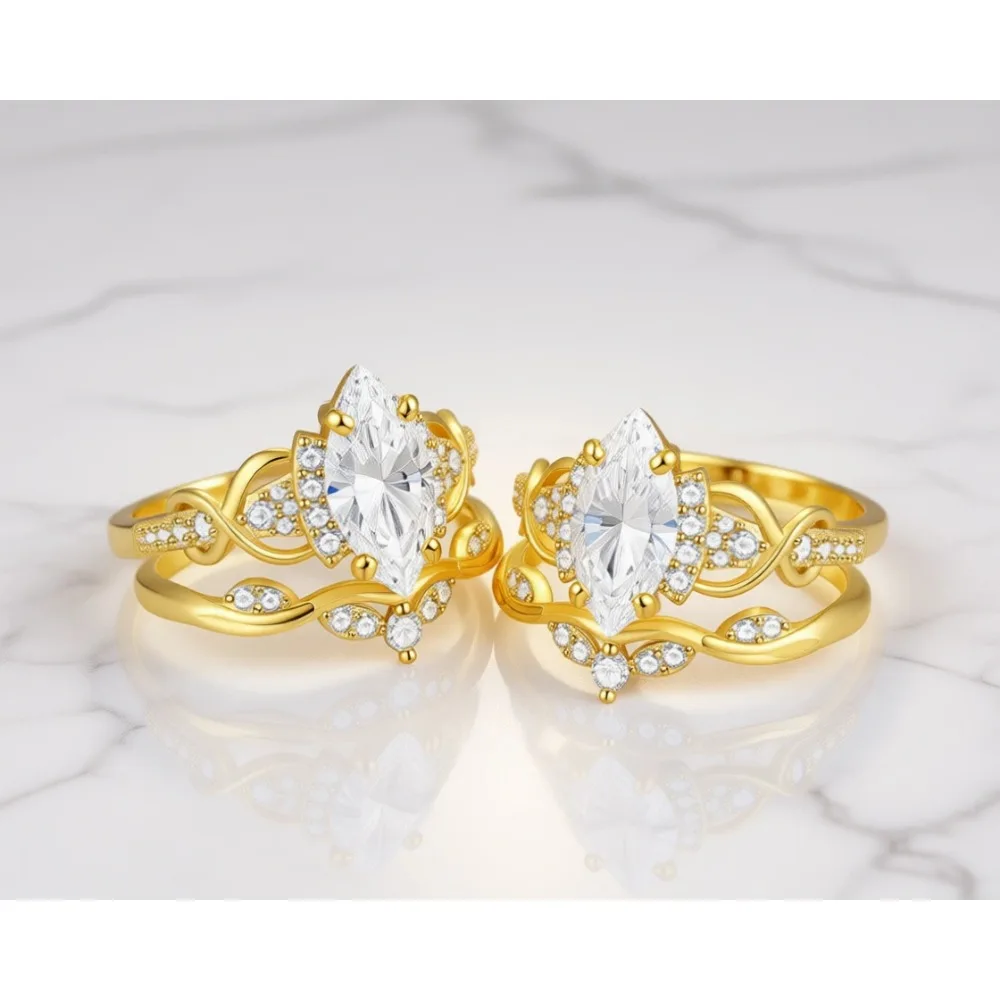 

Комплект обручальных колец с фианитами маркизы, не тускнеющий, с покрытием из 18-каратного золота, винтажный, для женщин, размеры 5-10