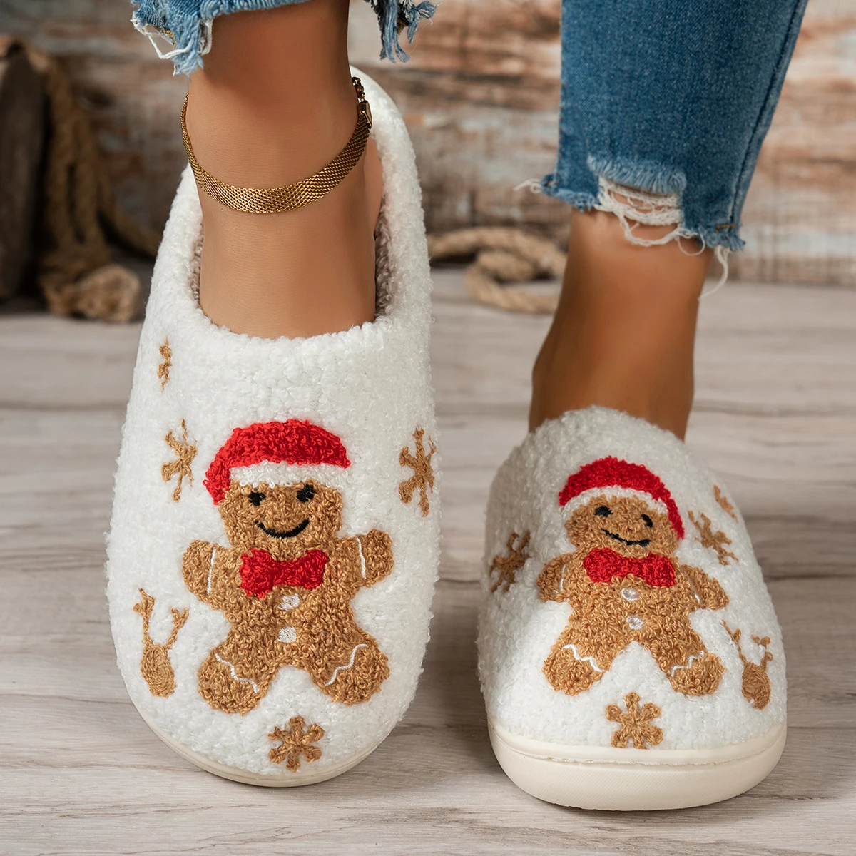 Navidad invierno ocio interior zapatillas cálidas bordado pan de jengibre hombre patrón de dibujos animados mujeres cómodas suela suave hogar zapatos peludos