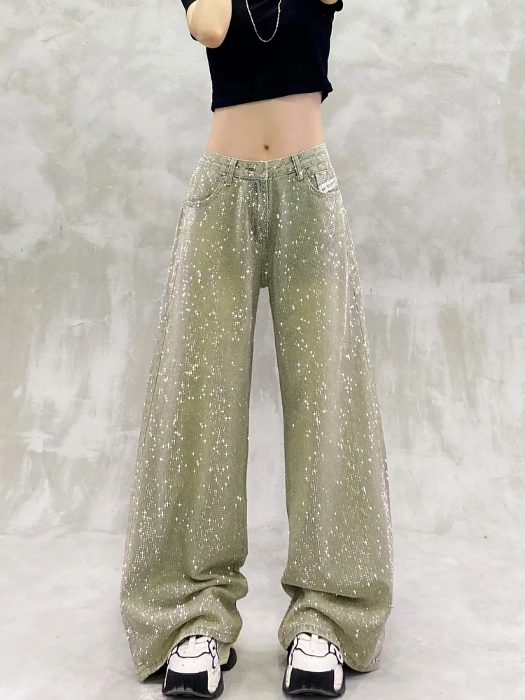 Blingbling الماس الكامل الساخن الحفر النساء سراويل جينز كل مباراة عالية الخصر واسعة الساق الجينز التطهير الطابق السراويل المستقيمة