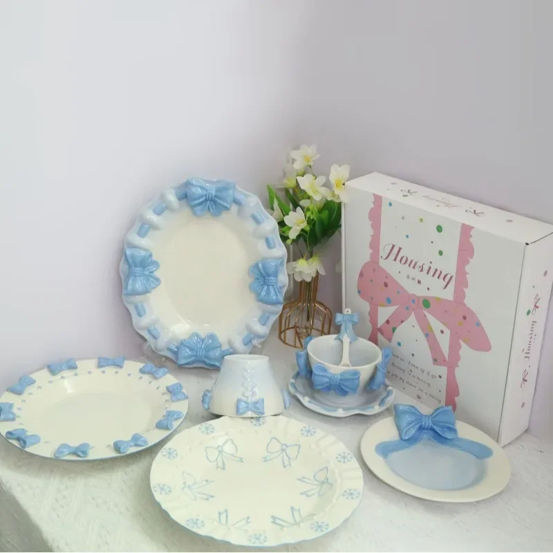Little princess, bow tableware set ceramic household rice bowl dessert fruit breakfast plate ins cute