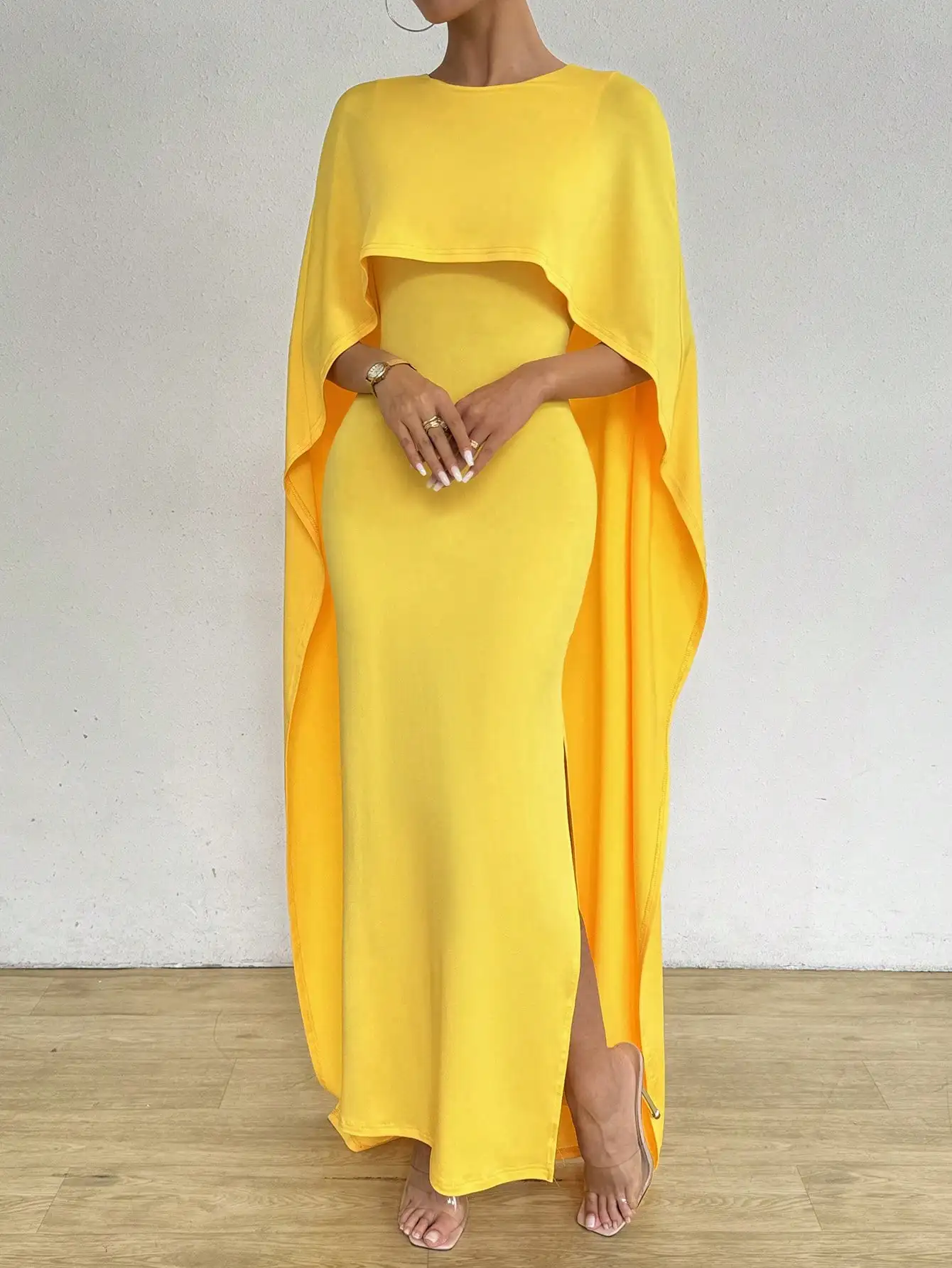 Robe longue jaune à col rond pour femme, faux deux, style 550, hanche, élégante, décontractée