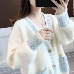 Autumn Winter New Fashion V-neck Long Sleeve Contrast Color Cardigan Women's Clothing Imitation Mink Fur Knitting Button Tops