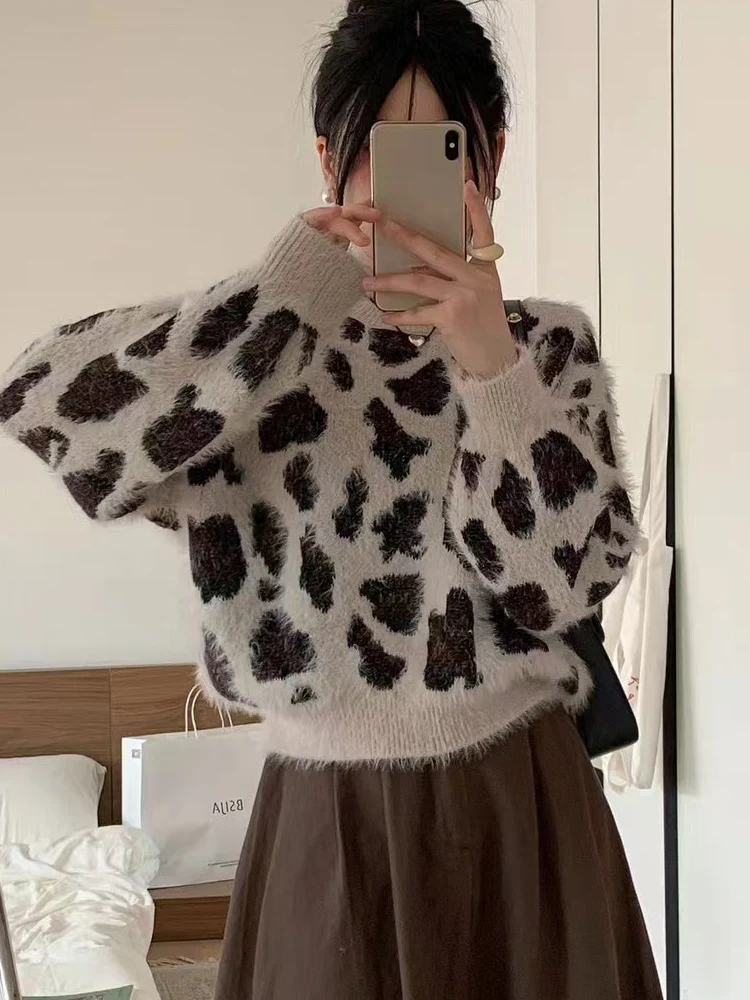 MSCSZ 2024 Women's Leopard Sweater Long Sleeve Cropped Mink Cashmere Sweater Winter Warm Knitted Pullover Jumper