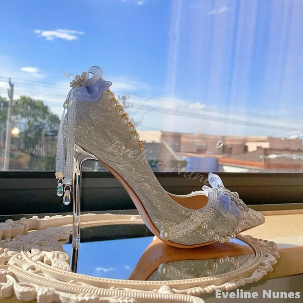 Shiny Rhinestone Chain Lolita Pumps Women Pointed Toe Lace Ankle Buckle Sexy Stiletto Heels Spring Party Wedding Fashion Pumps