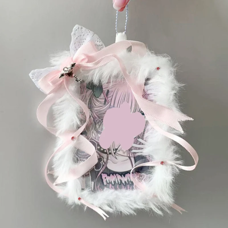 Hand‑crafted plush lace photo frame with hanging chain, bag charm ornament, display frame for 3‑inch photo pieces, decorative outer frame for collectible cards, photo protective display accessory
