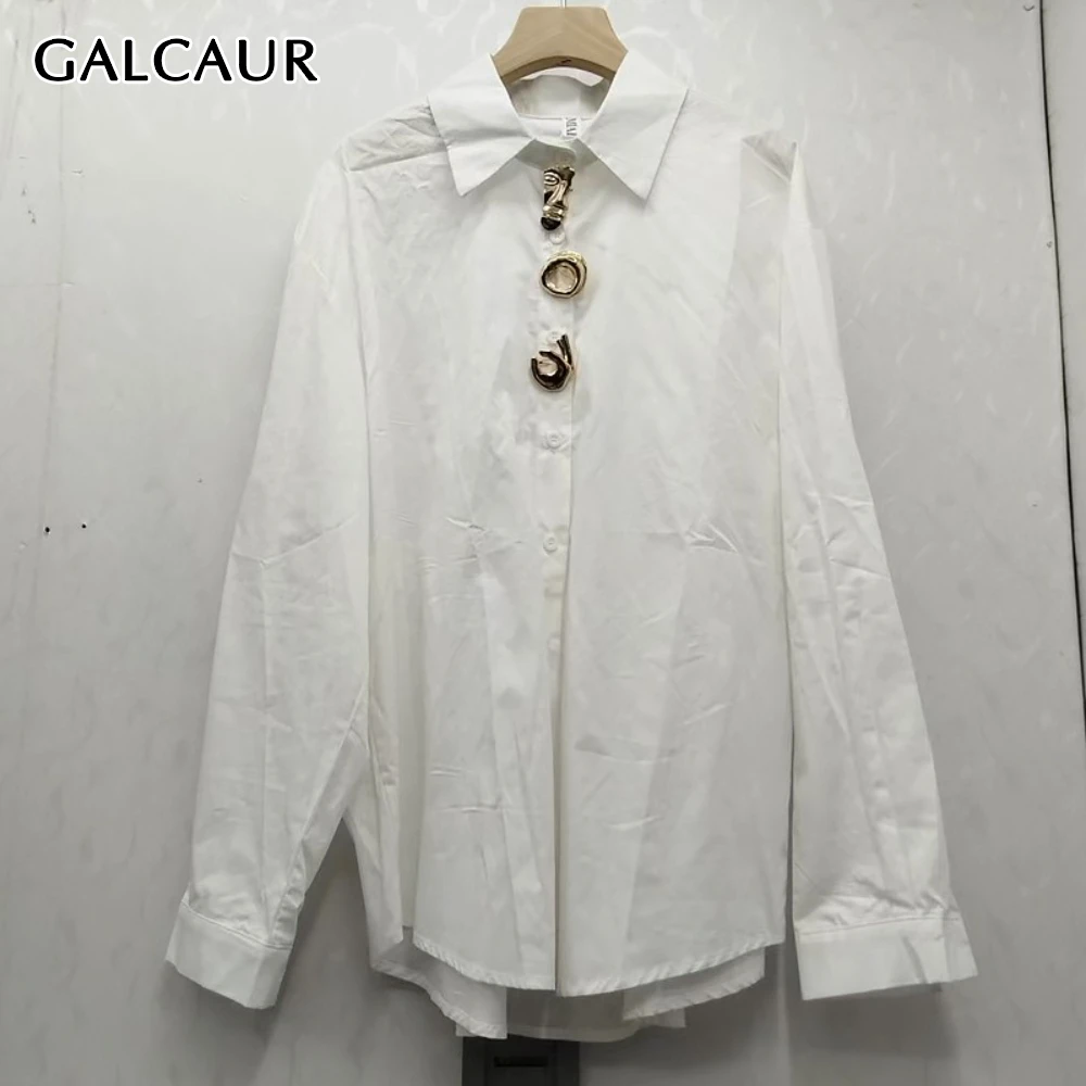 

GALCAUR Solid Spliced Button T Shirt Female Lapel Long Sleeve Loose Literary Minimalist Women's T Shirt Fashion Autumn Style New