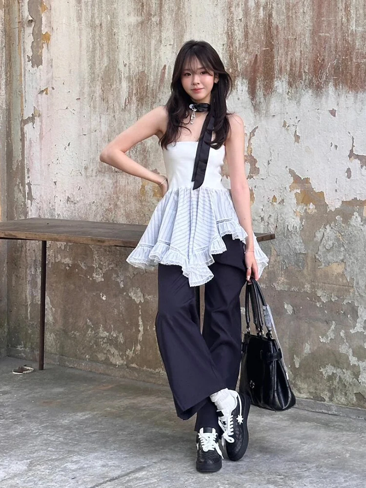 ReddaChic Bandeau Stijl Strepen Onregelmatige Vrouwen Top Zomer Mouwloos Vest Flowy Ruche Zoom Corset Rave Festival Zomer Kleding