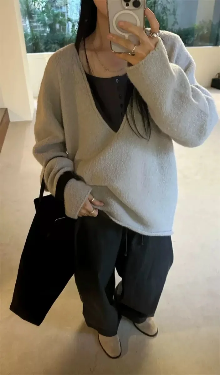 

Preon Work Простая универсальная длинная вязаная футболка Све, большой вязаный свитер с V-образным вырезом и манжетами, базовый слой, повседневный свободный крой